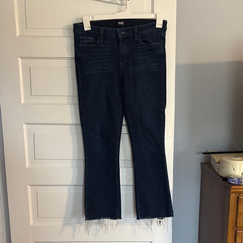 Paige Women's Riley Cropped Flare Fray Hem Dark Blue Jeans